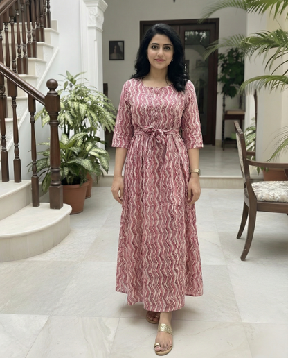 Pink ZigZag - Maternity Kurti with Feeding Zips - Soft Rayon