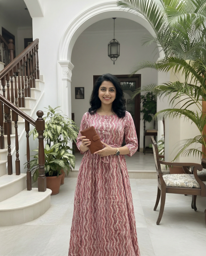 Pink ZigZag - Maternity Kurti with Feeding Zips - Soft Rayon