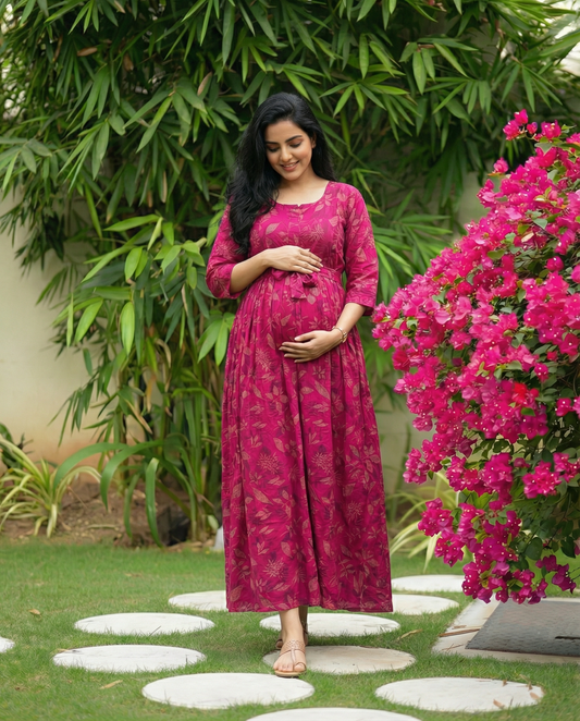 Raani Flower & Leafs - Maternity Kurti with Feeding Zips - Soft Rayon