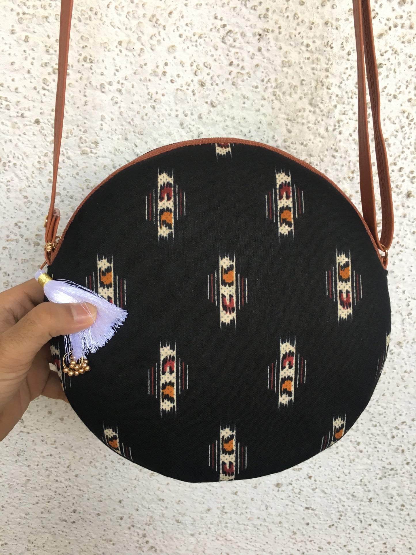 Royal Black Ajrakh - Cute Round Sling bag