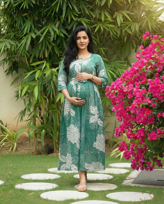 Sea Blue Big Flower - Maternity Kurti with Feeding Zips - Soft Rayon