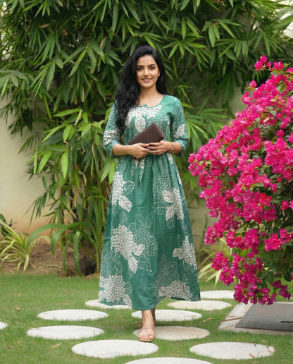 Sea Blue Big Flower - Maternity Kurti with Feeding Zips - Soft Rayon