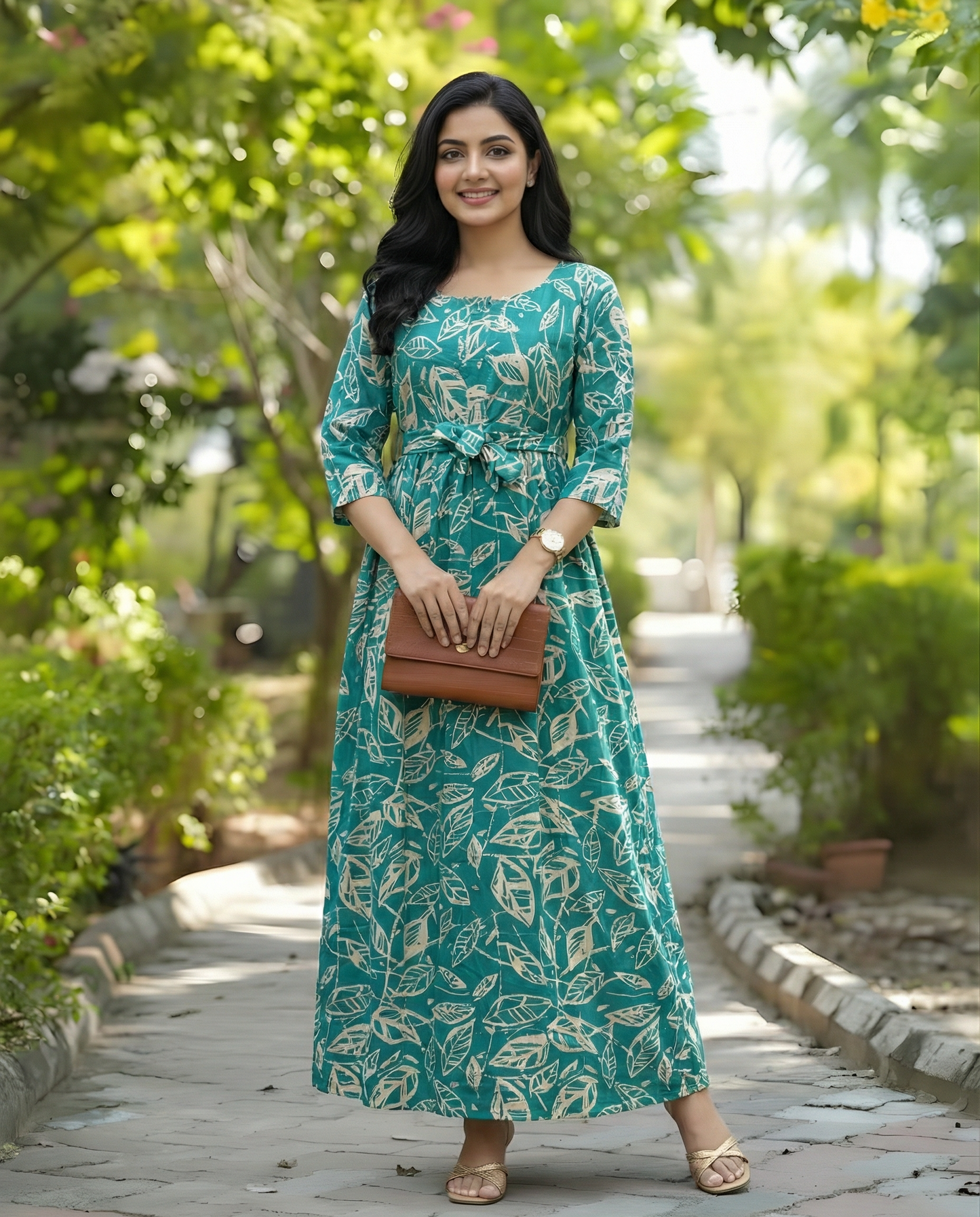 Sea Green White Leaf - Maternity Kurti with Feeding Zips - Soft Rayon