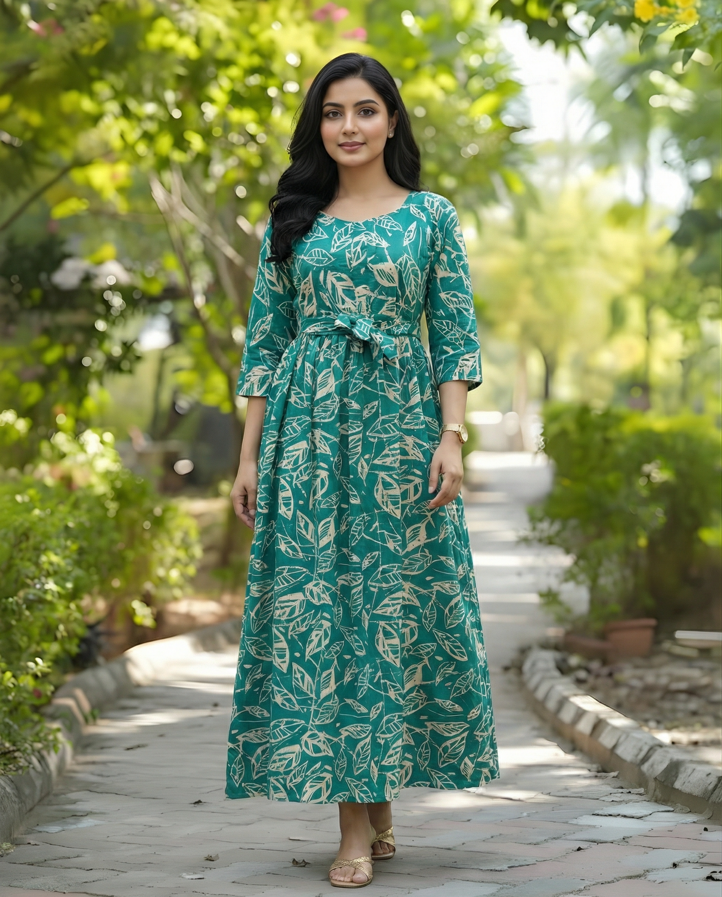 Sea Green White Leaf - Maternity Kurti with Feeding Zips - Soft Rayon