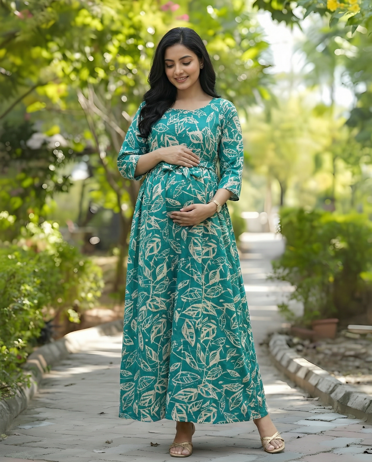 Sea Green White Leaf - Maternity Kurti with Feeding Zips - Soft Rayon