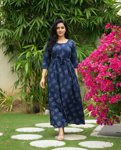Sketch Blue Flower - Maternity Kurti with Feeding Zips - Soft Rayon
