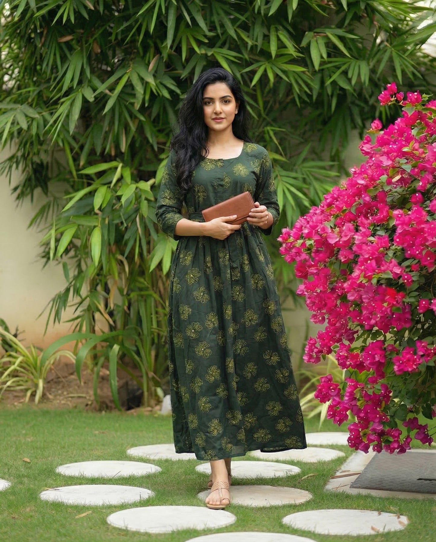 Sketch Green Flower - Maternity Kurti with Feeding Zips - Soft Rayon