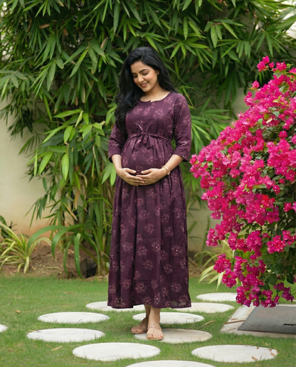 Sketch Purple Flower - Maternity Kurti with Feeding Zips - Soft Rayon