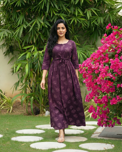 Sketch Purple Flower - Maternity Kurti with Feeding Zips - Soft Rayon