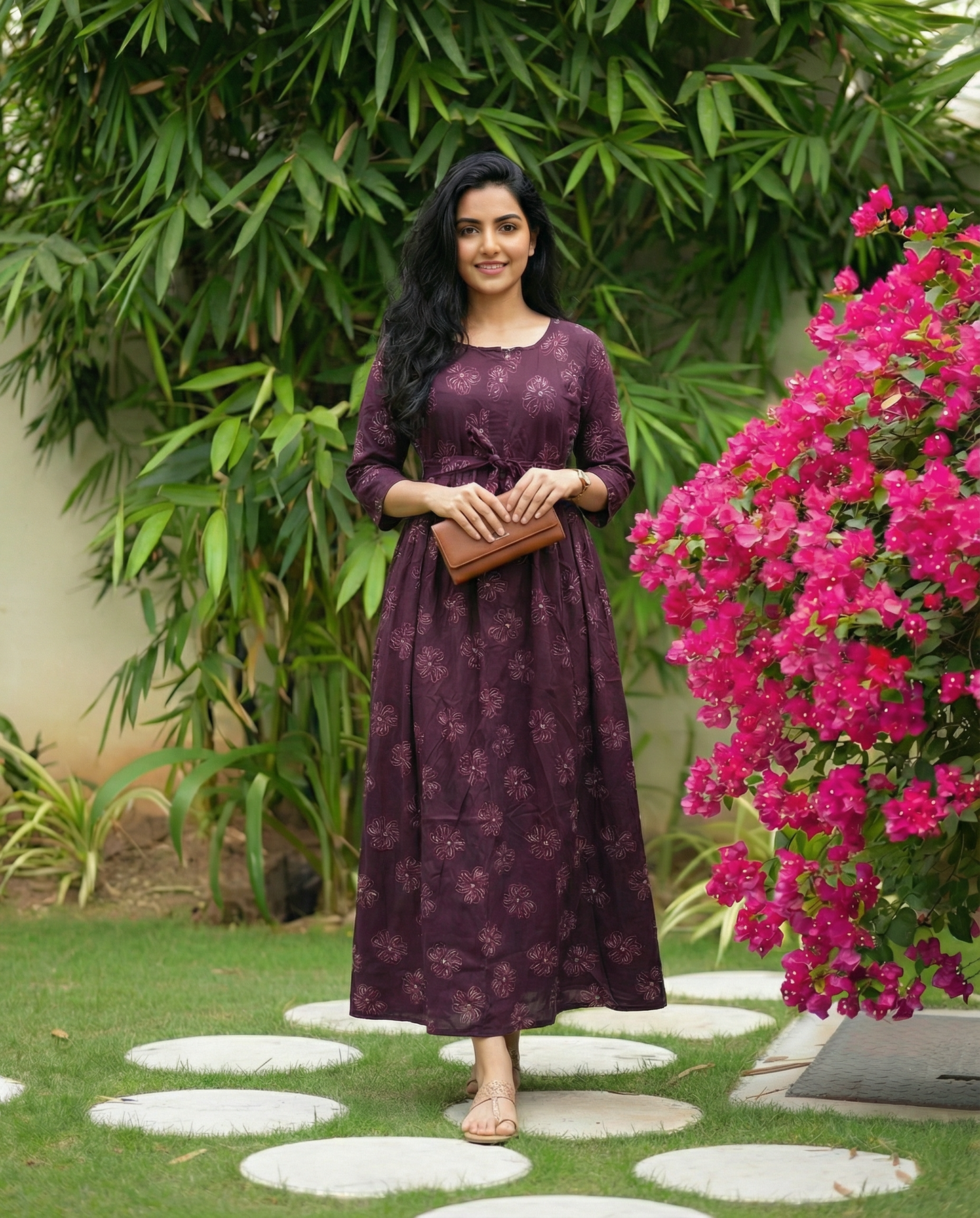 Sketch Purple Flower - Maternity Kurti with Feeding Zips - Soft Rayon