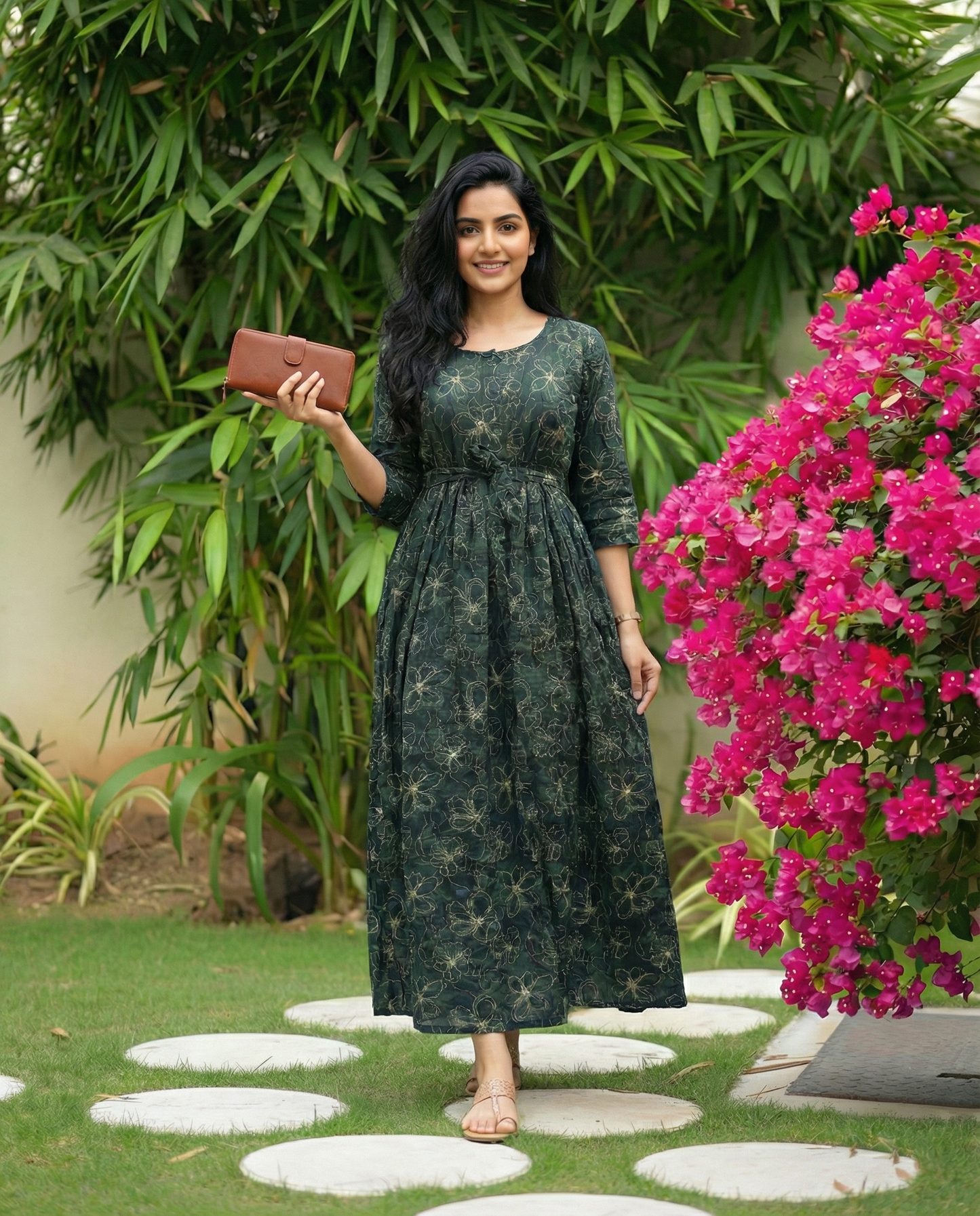 Green Mix Flower - Maternity Kurti with Feeding Zips - Soft Rayon