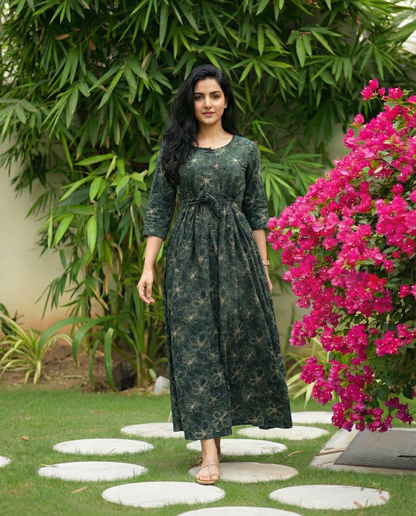 Green Mix Flower - Maternity Kurti with Feeding Zips - Soft Rayon