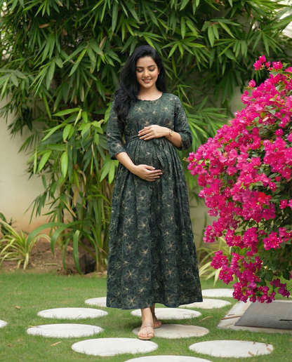 Green Mix Flower - Maternity Kurti with Feeding Zips - Soft Rayon