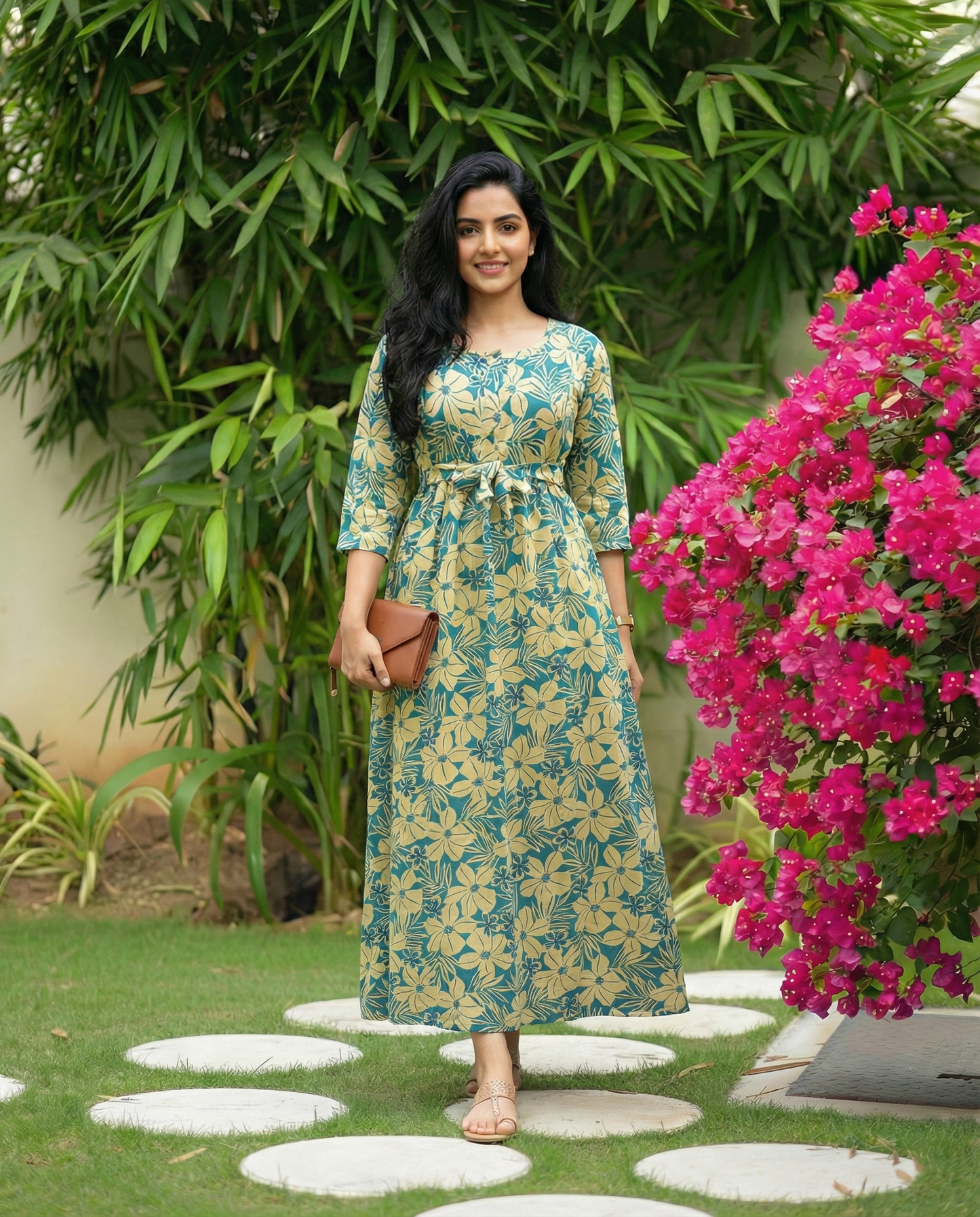 Sky Blue Cream Flower - Maternity Kurti with Feeding Zips - Soft Rayon