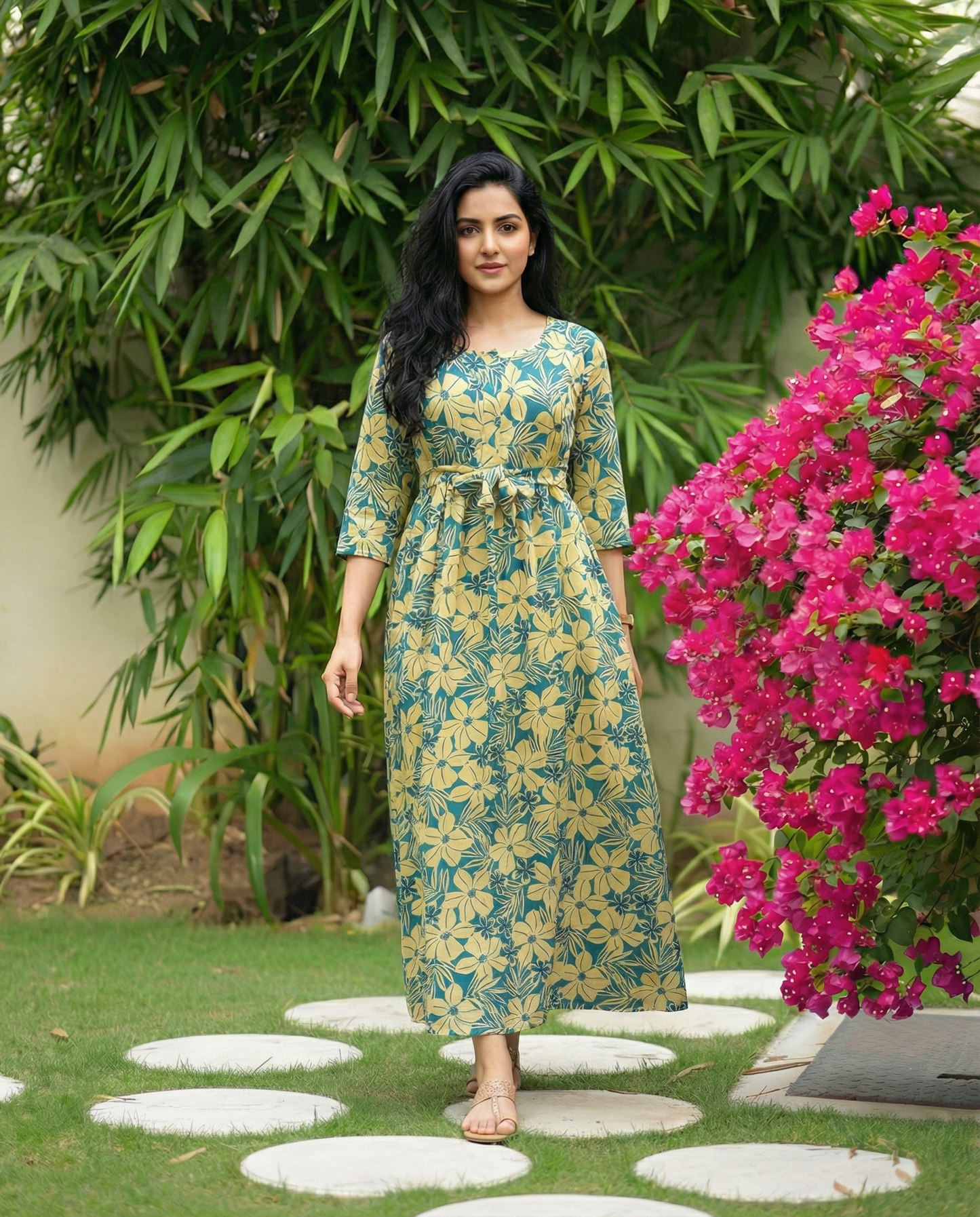 Sky Blue Cream Flower - Maternity Kurti with Feeding Zips - Soft Rayon