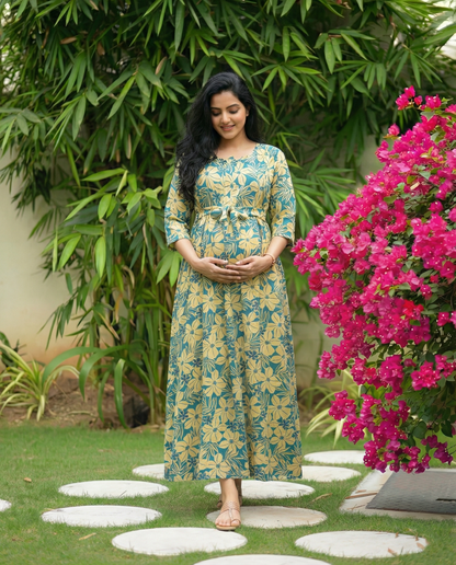Sky Blue Cream Flower - Maternity Kurti with Feeding Zips - Soft Rayon