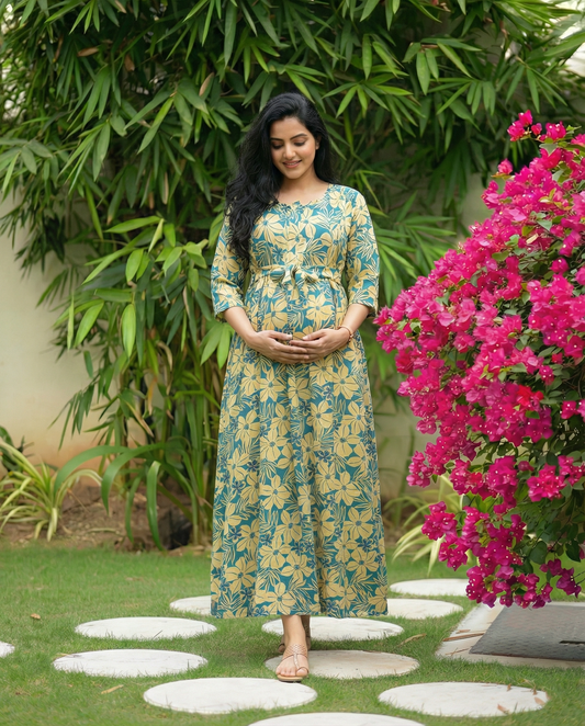 Sky Blue Cream Flower - Maternity Kurti with Feeding Zips - Soft Rayon