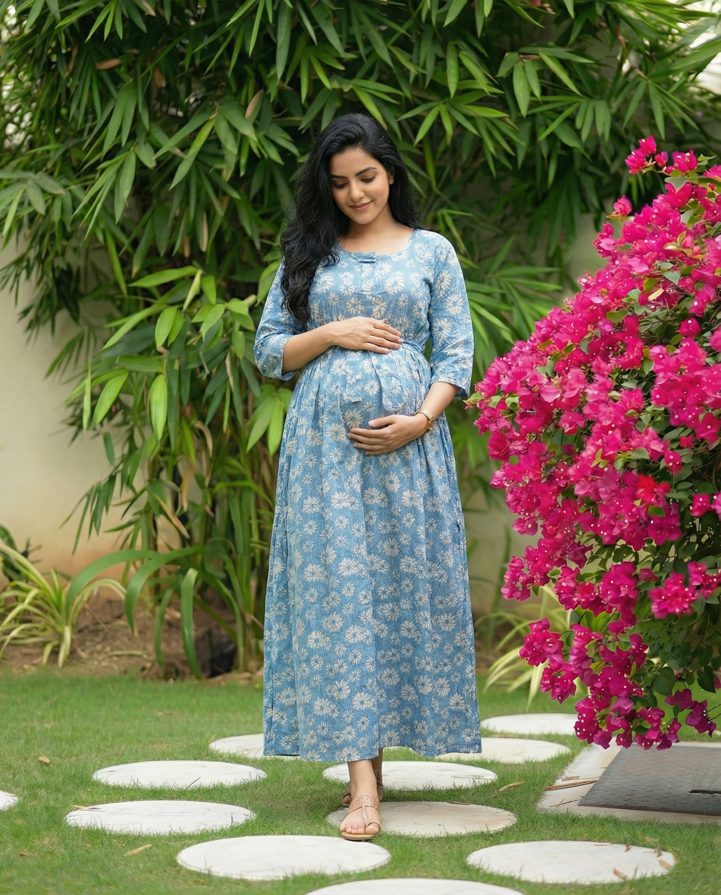 Sky Blue Sunflower - Maternity Kurti with Feeding Zips - Soft Rayon