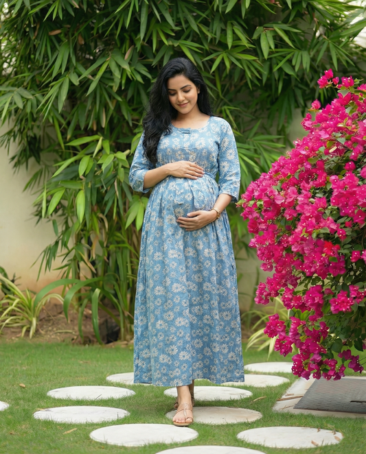Sky Blue Sunflower - Maternity Kurti with Feeding Zips - Soft Rayon