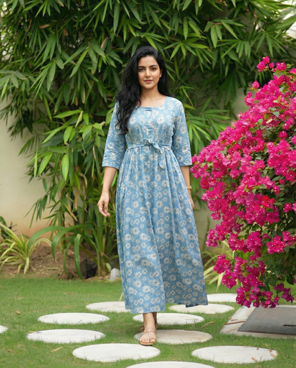 Sky Blue Sunflower - Maternity Kurti with Feeding Zips - Soft Rayon