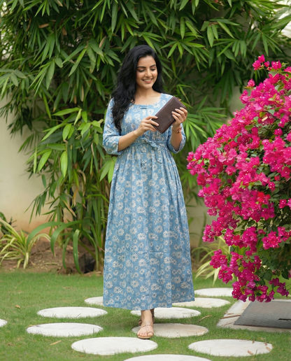 Sky Blue Sunflower - Maternity Kurti with Feeding Zips - Soft Rayon