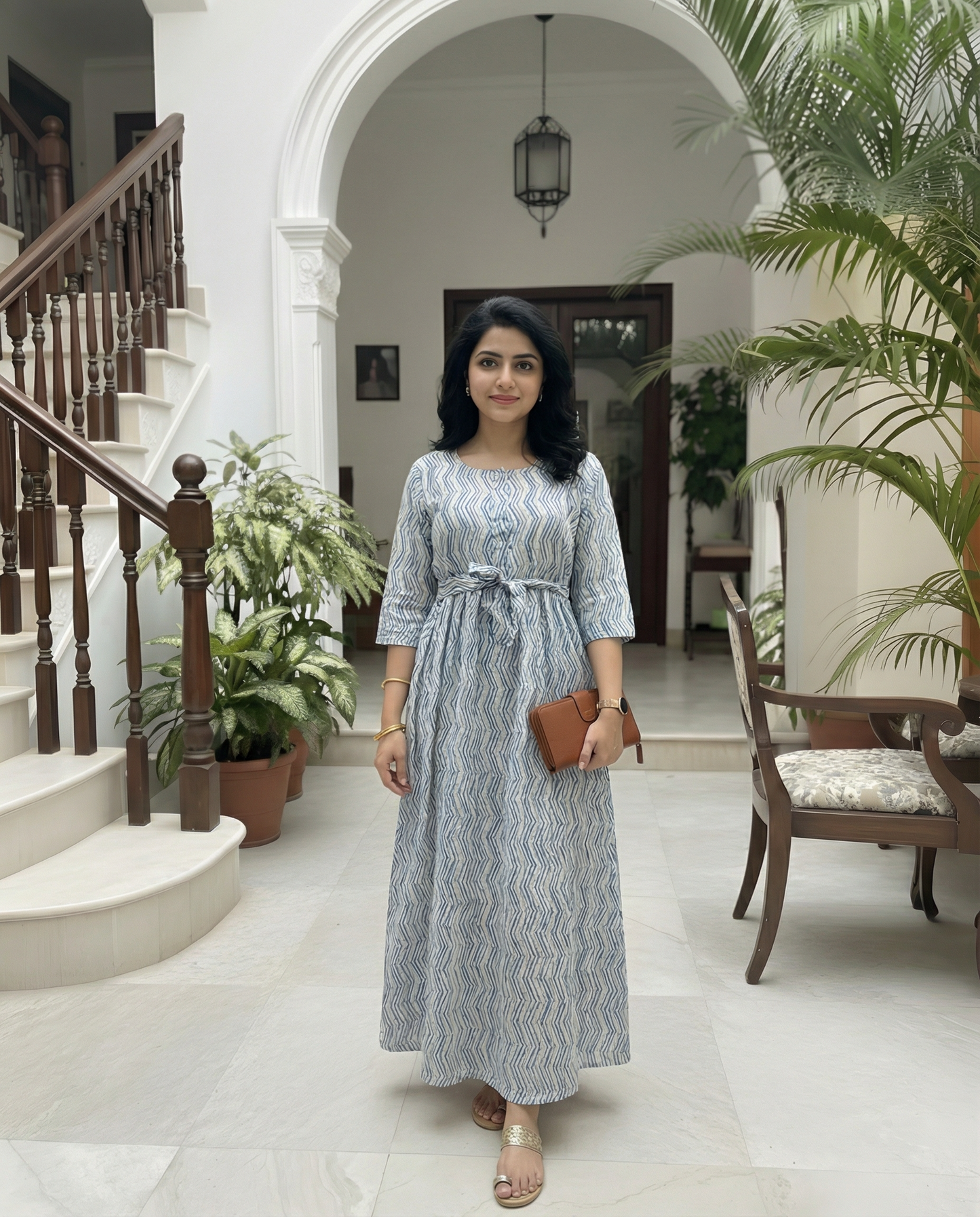 Sky Blue ZigZag - Maternity Kurti with Feeding Zips - Soft Rayon