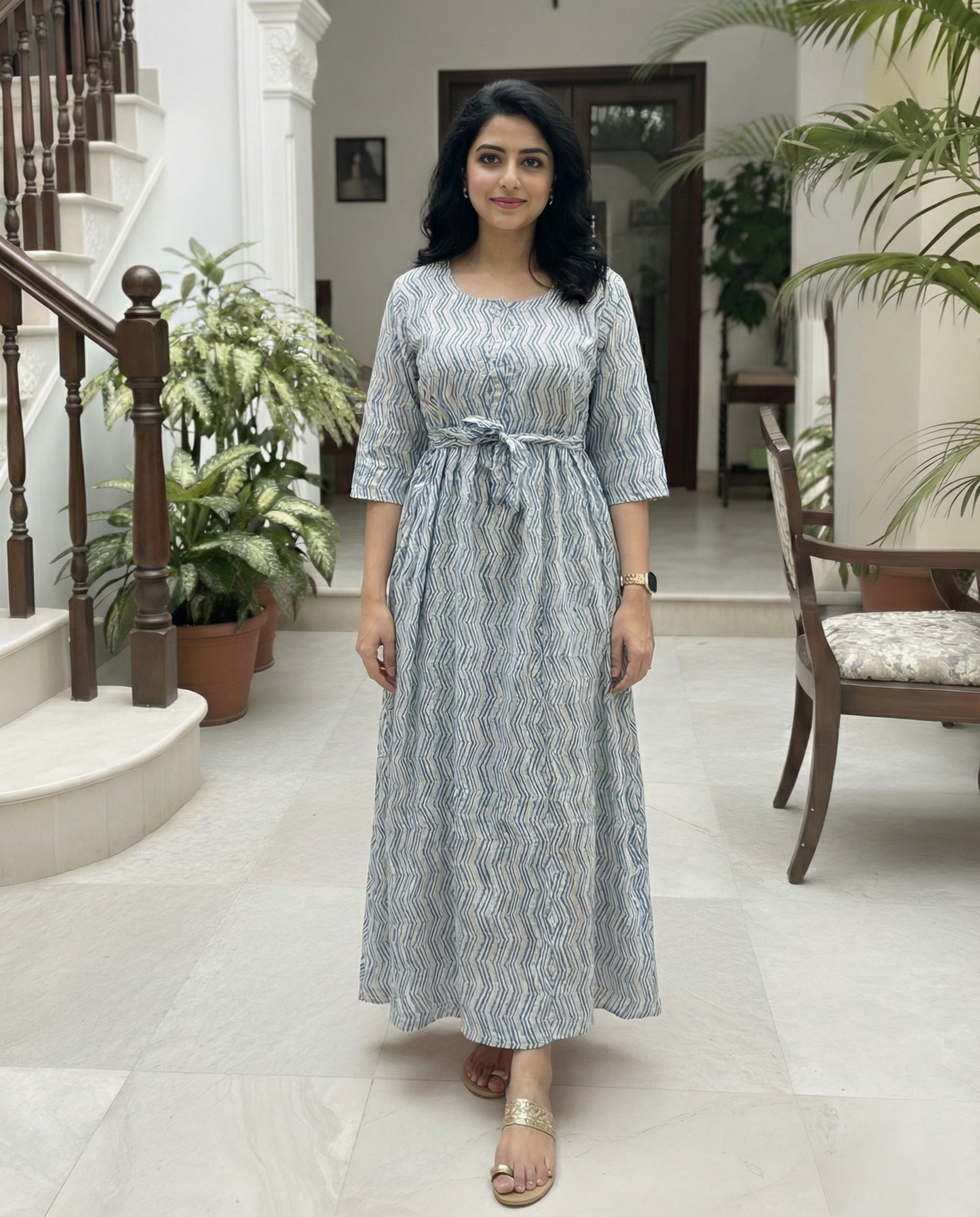 Sky Blue ZigZag - Maternity Kurti with Feeding Zips - Soft Rayon