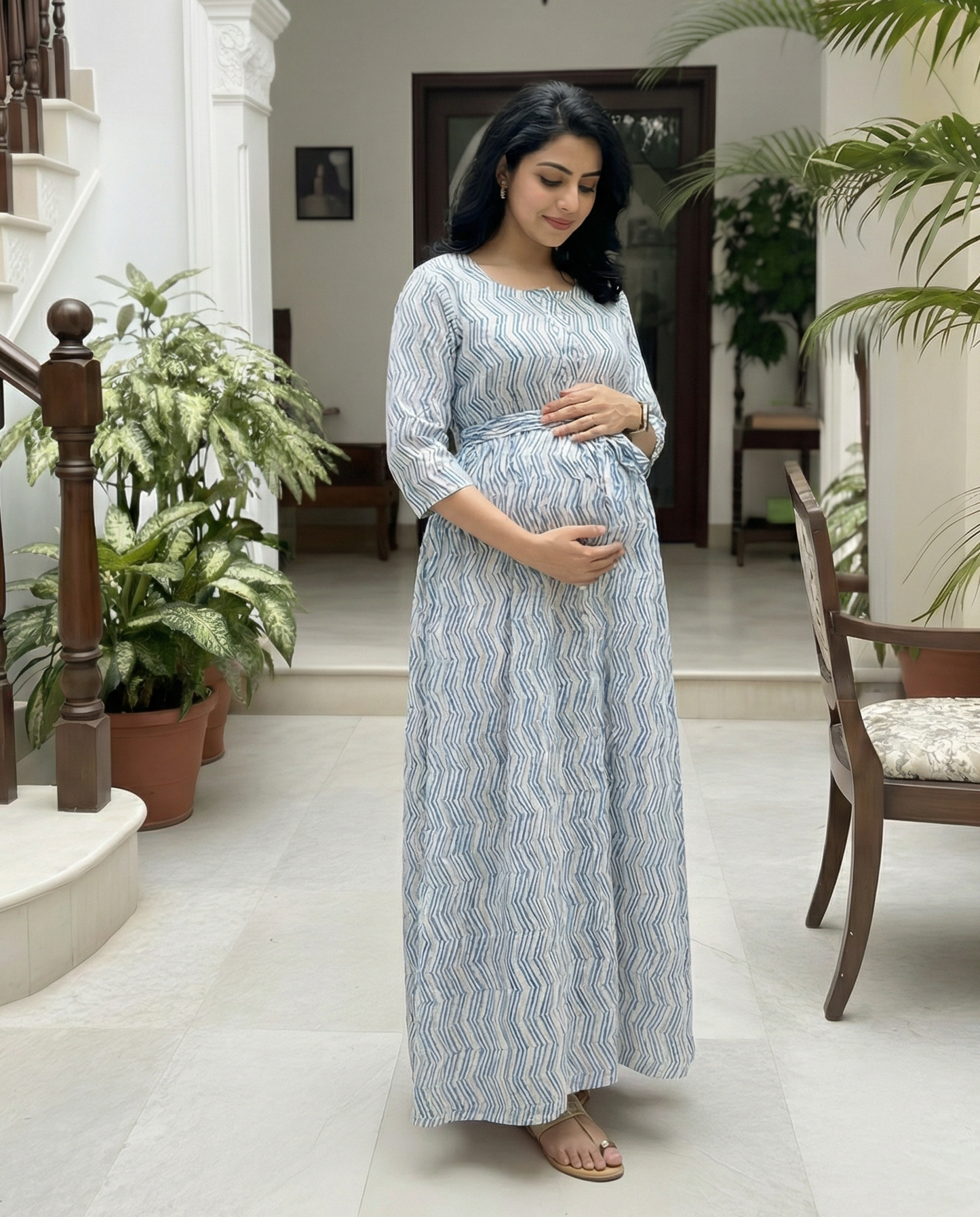 Sky Blue ZigZag - Maternity Kurti with Feeding Zips - Soft Rayon