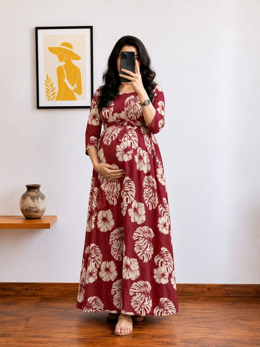 Swiss Cheese - Maroon - Maternity Dress with Feeding Zips - Pure Cotton