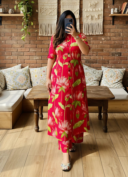 Knee Length- Lotus Red - Cord Sets - Pure Cotton