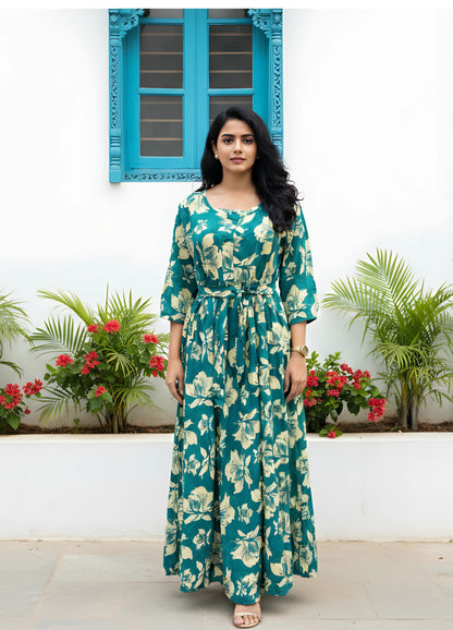 Tropical - Sea Green - Maternity Kurti with Feeding Zips - Soft Rayon