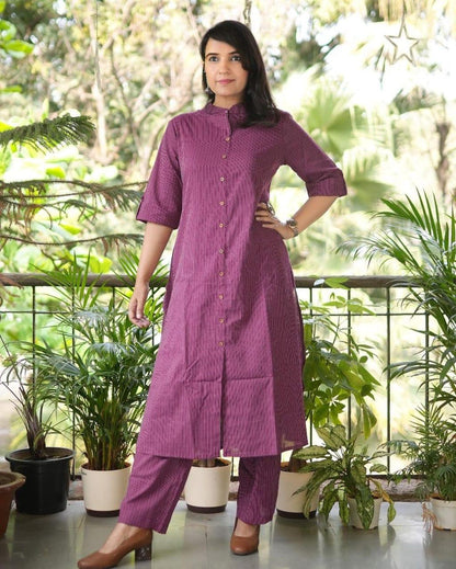 Katha Work - Purple - Cord Set - Pure Cotton