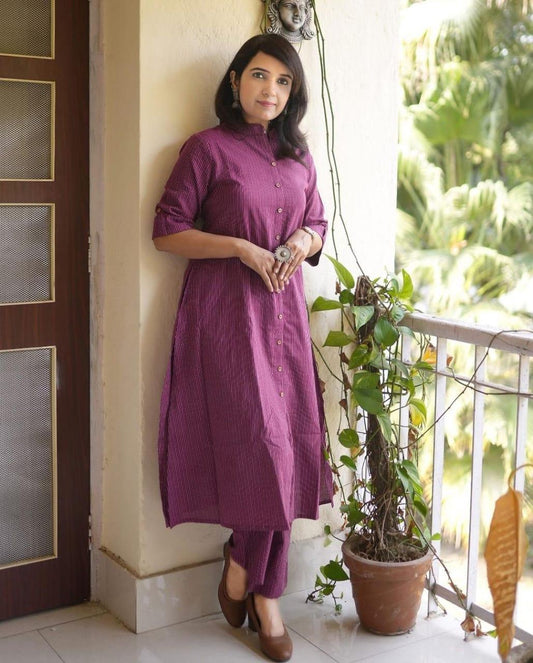 Katha Work - Purple - Cord Set - Pure Cotton