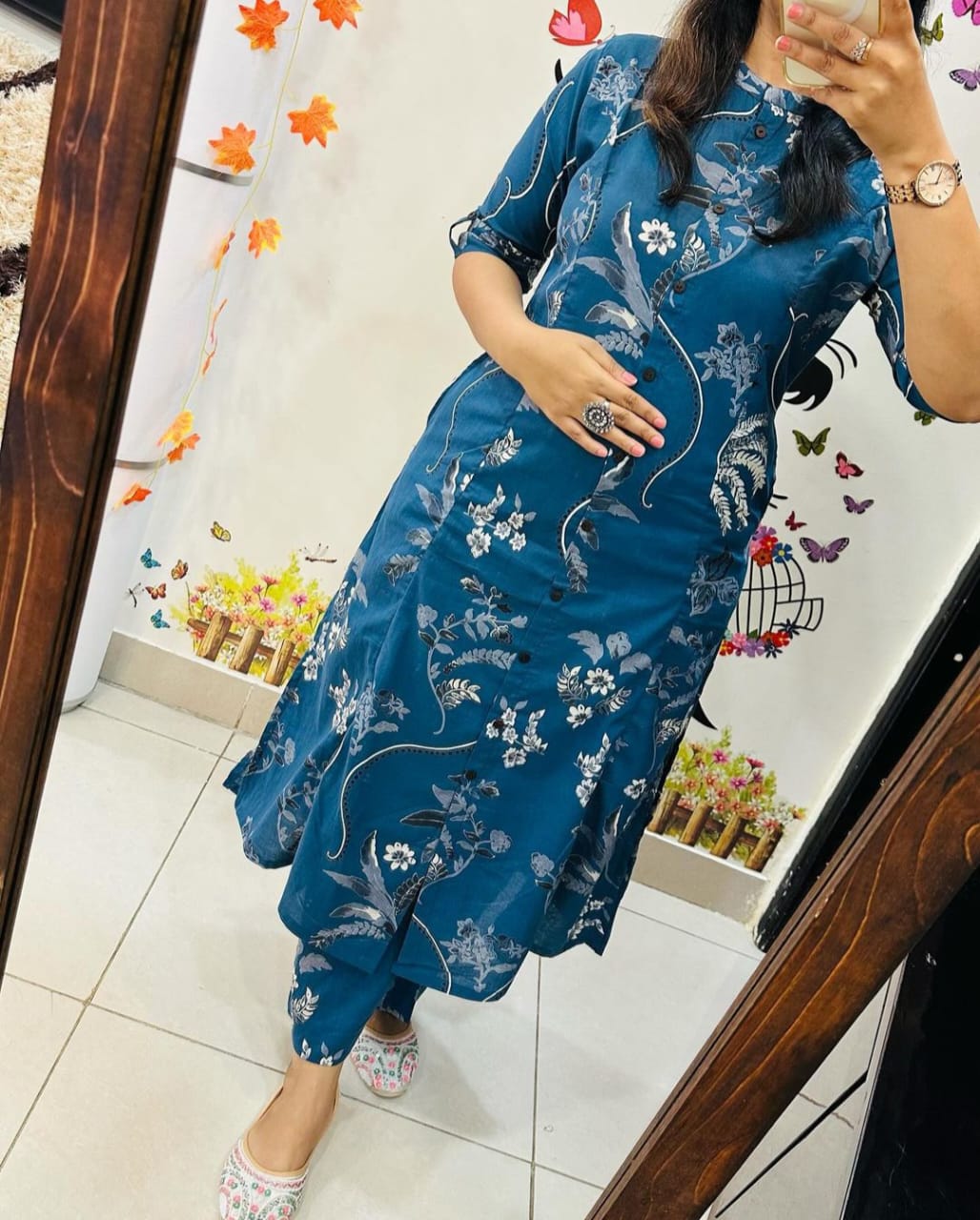 Knee Length - Blue Black Flower - Cord Sets - Pure Cotton
