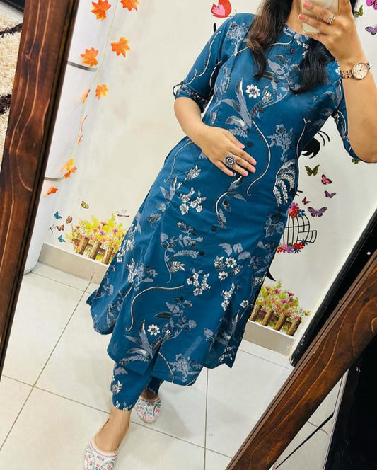 Knee Length - Blue Black Flower - Cord Sets - Pure Cotton