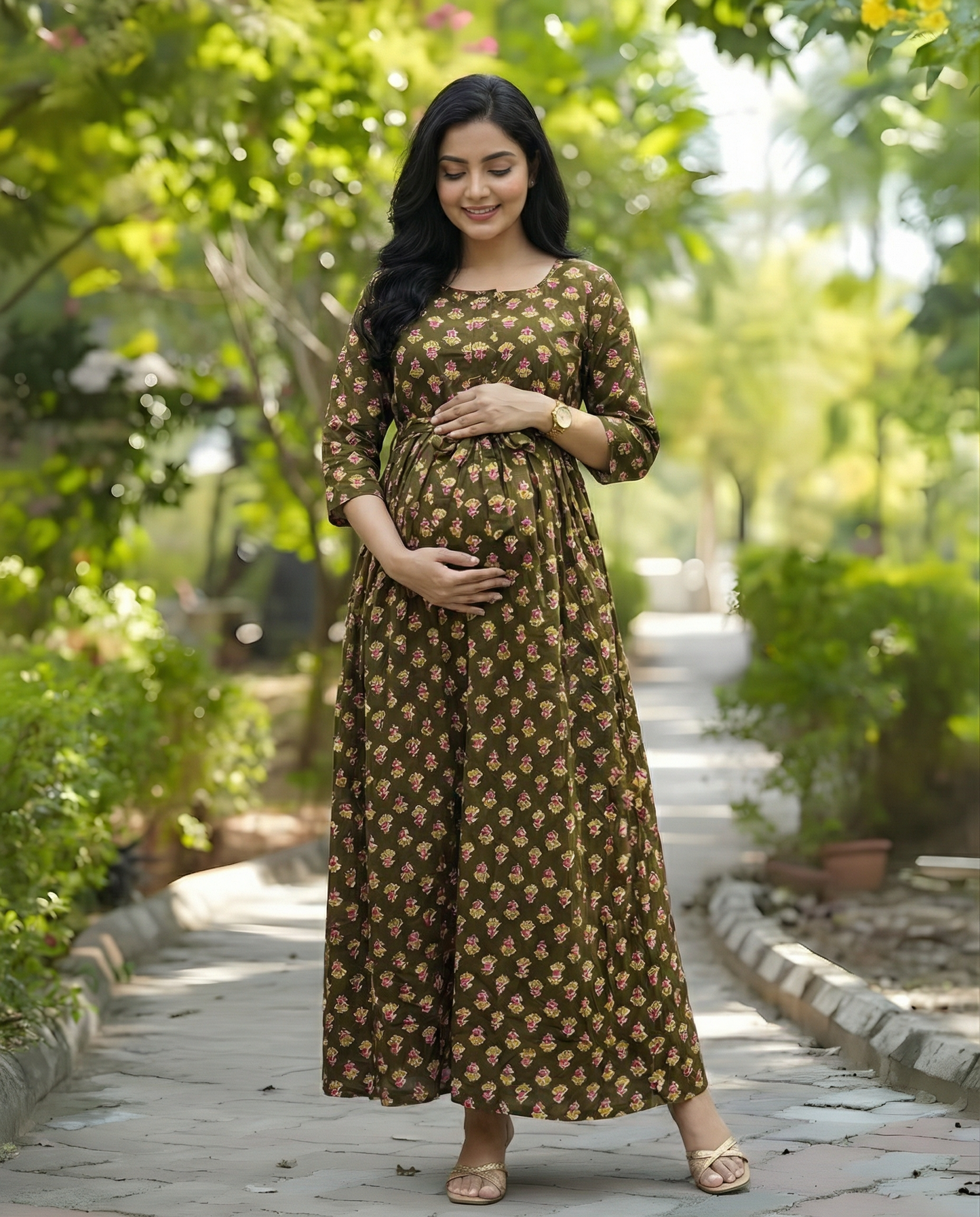 Green Pink Flower - Maternity Kurti with Feeding Zips - Soft Rayon