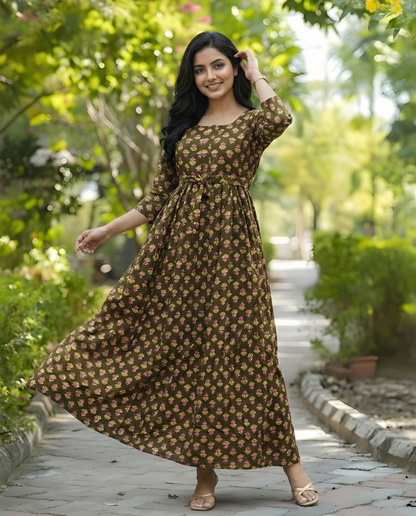 Green Pink Flower - Maternity Kurti with Feeding Zips - Soft Rayon