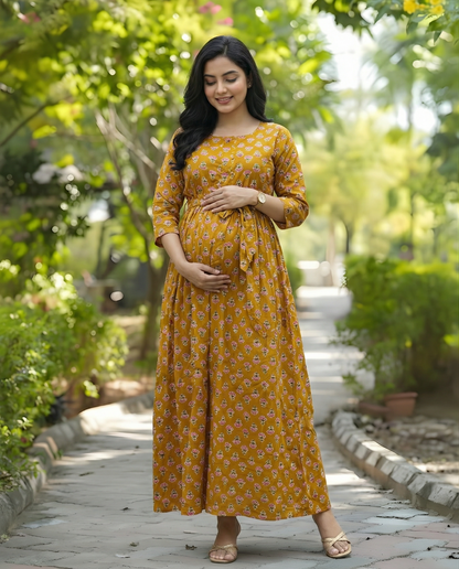 Yellow Pink Flower - Maternity Kurti with Feeding Zips - Soft Rayon