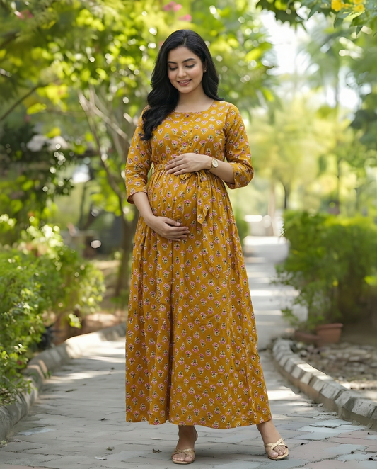 Yellow Pink Flower - Maternity Kurti with Feeding Zips - Soft Rayon