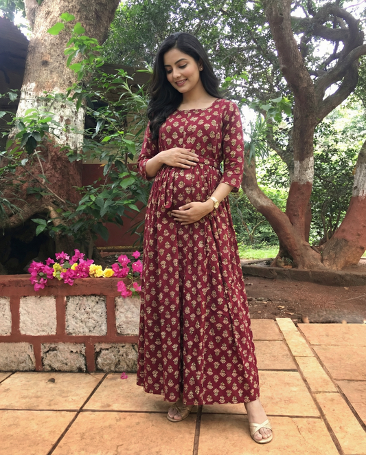 Maroon Pink Flower - Maternity Kurti with Feeding Zips - Soft Rayon