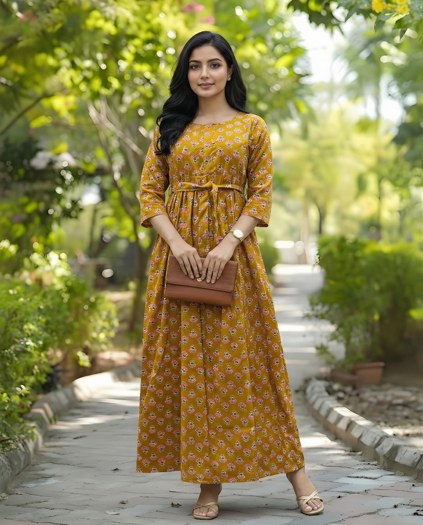 Yellow Pink Flower - Maternity Kurti with Feeding Zips - Soft Rayon