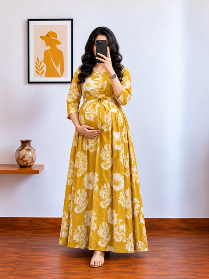Swiss Cheese Leaf Yellow - Maternity Kurti with Feeding Zips - Cotton Flex - Thicker Fabric