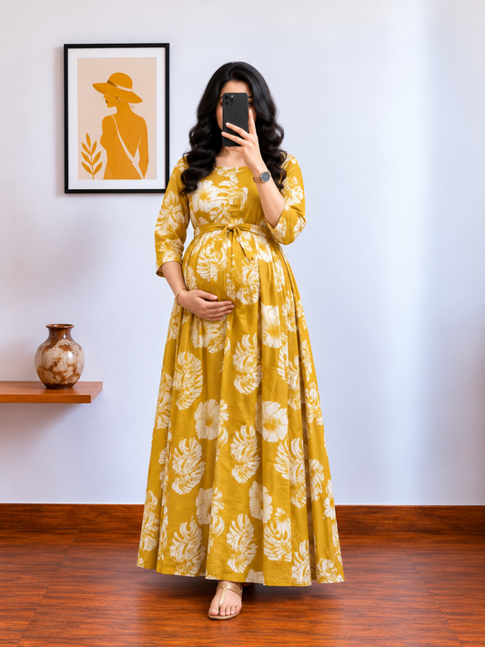 Swiss Cheese Leaf Yellow - Maternity Kurti with Feeding Zips - Cotton Flex - Thicker Fabric