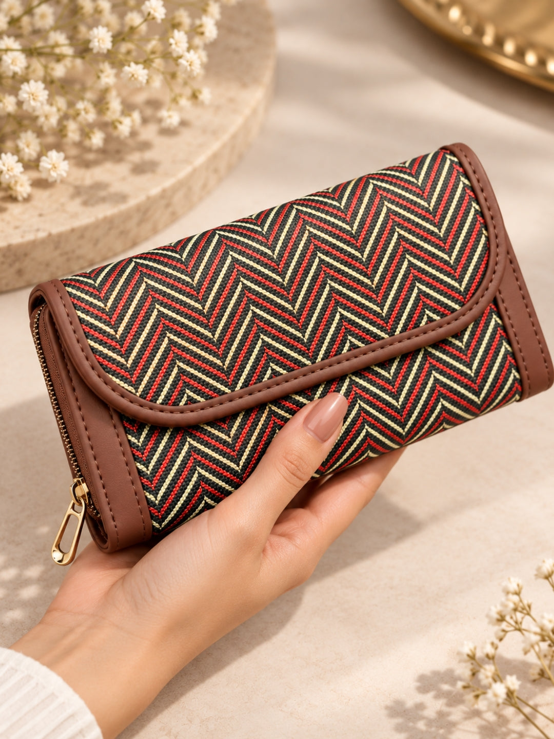 Black Maroon Wave - 2 pockets  - Trendy & Beautiful Womens Wallet