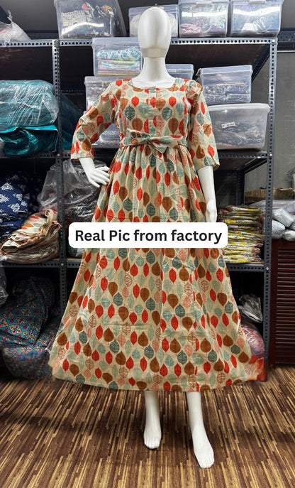 Orange & Sea Green Petals - Maternity Kurti with Feeding Zips - Cotton Flex - Thicker Fabric