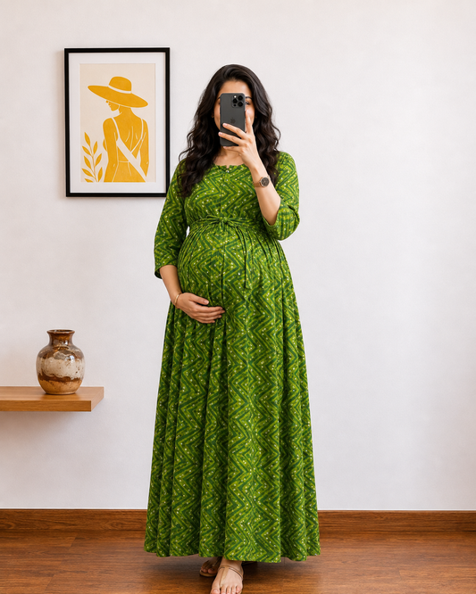 Green ZigZag Bandhani - Maternity Dress with Feeding Zips - Soft Rayon
