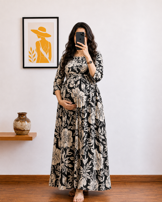 Hibiscus - Black White - Maternity Kurti with Feeding Zips - Soft Rayon