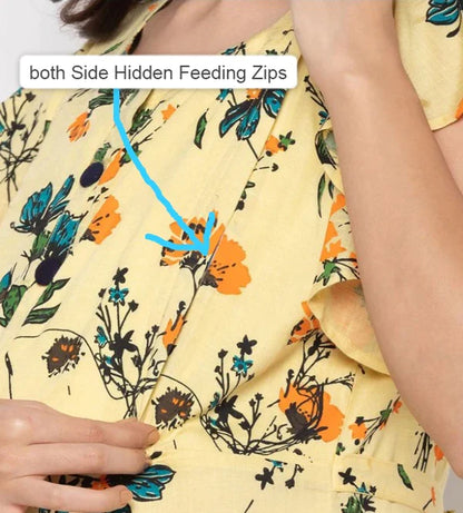 Maternity Kurti with Feeding Zips - Blue Garden print