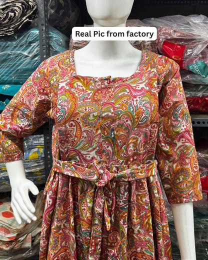 Keri Print - Baby Pink - Maternity Kurti with Feeding Zips - Cotton Flex - Thicker Fabric