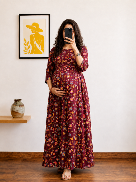 Red Daisy - Maternity Kurti with Feeding Zips - Pure Cotton